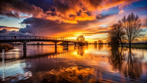 Silhouetted Bridge & Road Closure Due to River Ouse Flooding