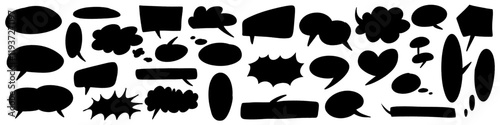 Handdrawn doodle grunge talk speech bubbles and dialogue emphasis. Charcoal pen line chat ballons. Round scrawl cloud frames. Vector illustration of freehand Fukidashi icons.