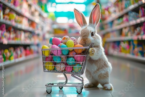 A fluffy rabbit is seen standing proudly next to a shopping cart filled with vibrant Easter eggs, creating a whimsical and colorful scene in a festive store aisle.