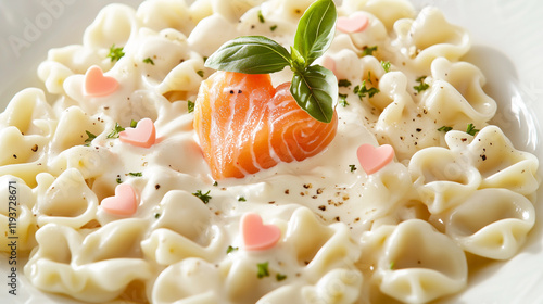 A romantic Valentine's Day meal of heart-shaped pasta with a clean presentation, served on a white plate under soft lighting. photo