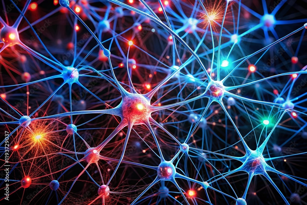 Fototapeta premium Silhouette of Dynamic Red & Blue Neural Network Connections with Glowing Nodes
