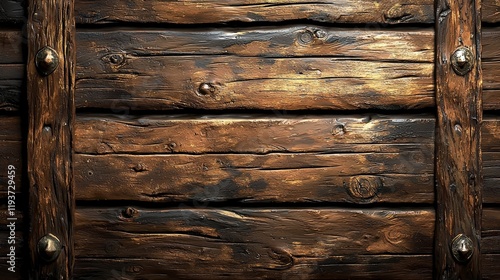 This rustic image displays rough wooden planks fastened together with metal, evoking a sense of sturdiness and historical craftsmanship in a textured presentation. photo