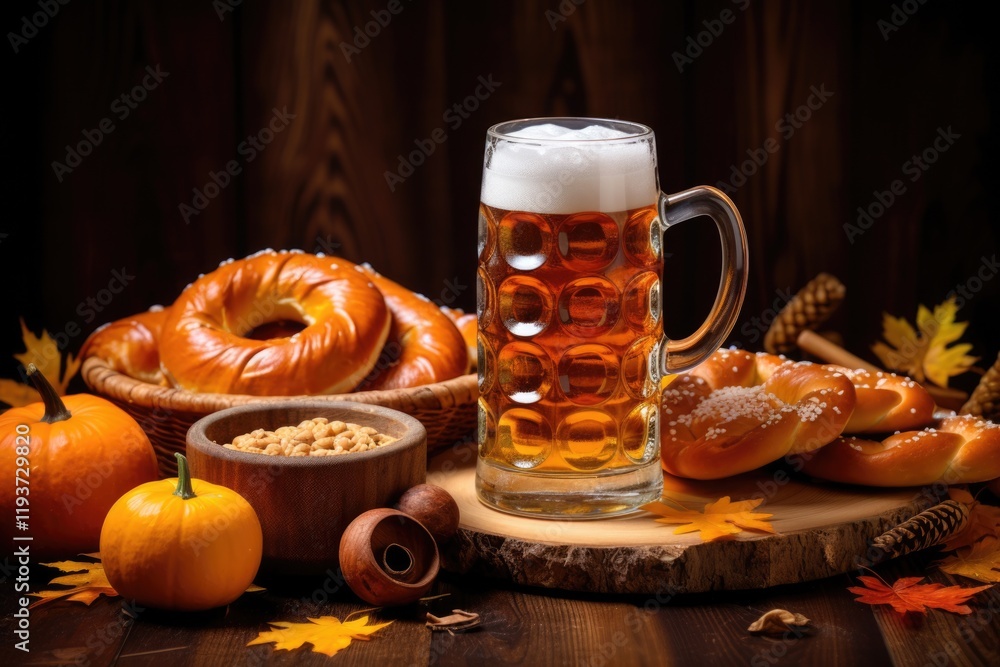 Rustic Beer and Pretzel for Oktoberfest. Traditional Bavarian Massa Drink with German Food for True Gustatory Experience Rustic Beer and Pretzel for Oktoberfest. Traditional Bavarian Massa Drink with German Food for True Gustatory Experience