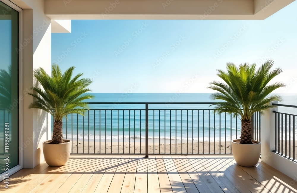 Hotel balcony with stunning beach view. Palm trees in pots add tropical touch to interior design. Light wood decking. Peaceful, relaxing scene of ocean. Sunny day. Vacation mood. Ocean waves visible. Hotel balcony with stunning beach view. Palm trees in pots add tropical touch to interior design. Light wood decking. Peaceful, relaxing scene of ocean. Sunny day. Vacation mood. Ocean waves visible.
