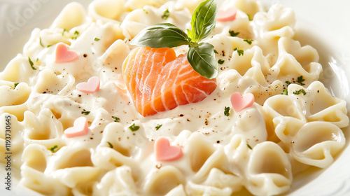 Pasta in a creamy pink sauce on a white plate, creating a romantic mood on Valentine's Day  photo