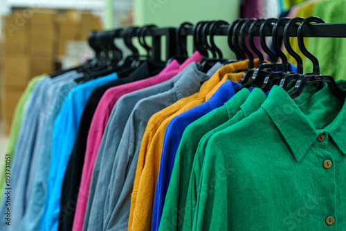 Colorful display of casual shirts hanging in a retail shop photo