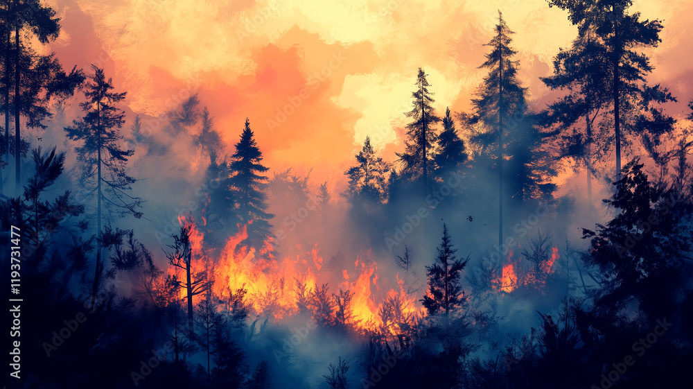 Intense forest fire with bright flames at dusk. Representing the climate problem. Intense forest fire with bright flames at dusk. Representing the climate problem.