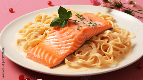 An appetizing plate of pasta and a piece of red fish photo