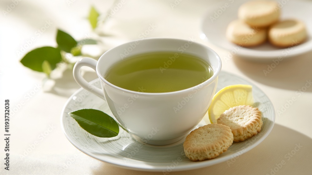 Refreshing green tea with lemon and biscuits on sunny morning Refreshing green tea with lemon and biscuits on sunny morning