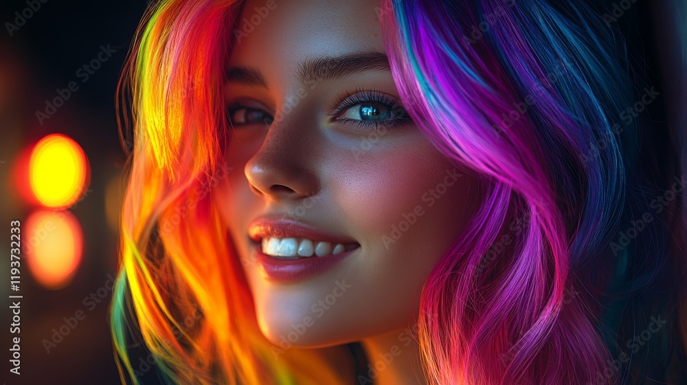 An illustration of a beautiful woman with rainbow hair smiling slightly. Woman with colorful and shiny hair under neon lighting. An illustration of a beautiful woman with rainbow hair smiling slightly. Woman with colorful and shiny hair under neon lighting.