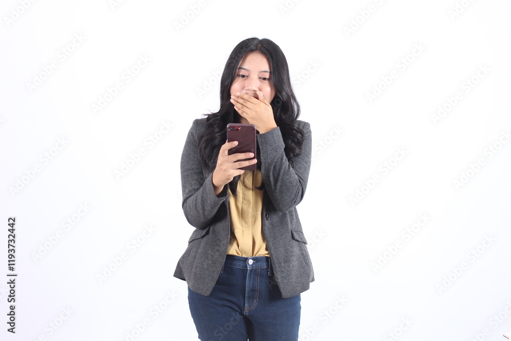Woman is holding a mobile phone and close face with hand. Business asian woman