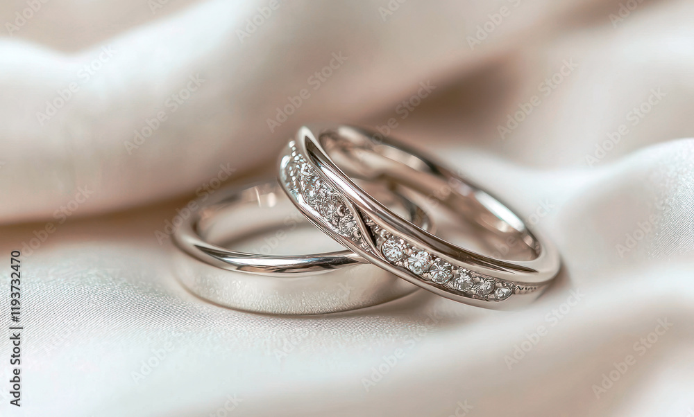 Elegant white gold wedding or engagement rings on soft fabric background. Wedding concept Elegant white gold wedding or engagement rings on soft fabric background. Wedding concept