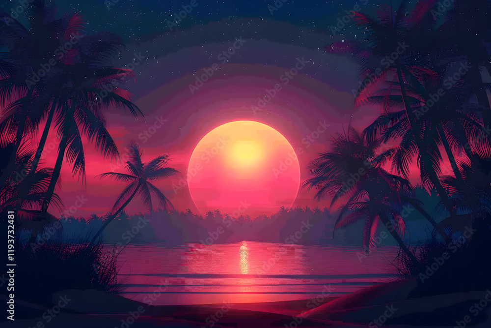 Empty background with space for text with palm trees and sunset in 80s style Empty background with space for text with palm trees and sunset in 80s style