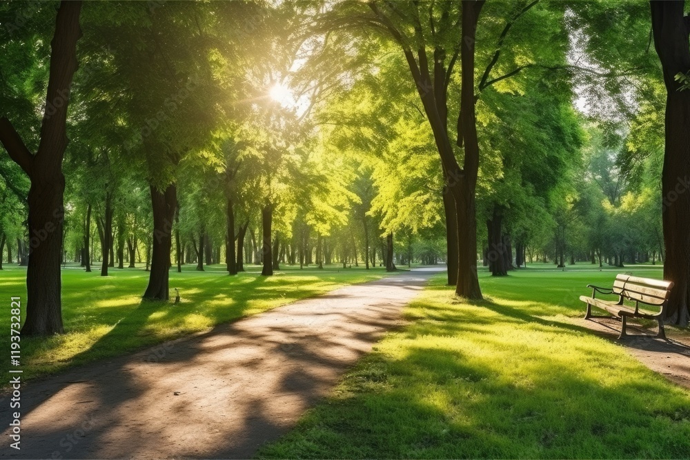 Obraz premium Summer Morning in City Park: A Beautiful Landscape with Bright Sunlight and Shadow Play on Green Grass, Trees, and Gardens
