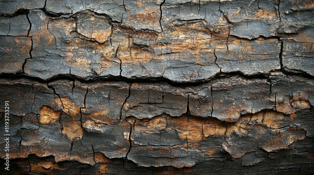 The image showcases a cracked and charred wood surface, exuding a rustic appeal that highlights its unique textures, perfect for artistic and vintage design themes. The image showcases a cracked and charred wood surface, exuding a rustic appeal that highlights its unique textures, perfect for artistic and vintage design themes.