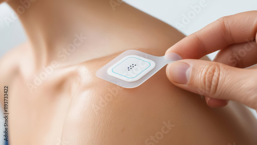 Close-up of a person applying a translucent biometric patch on their shoulder for real-time health tracking. Minimalist wearable tech.