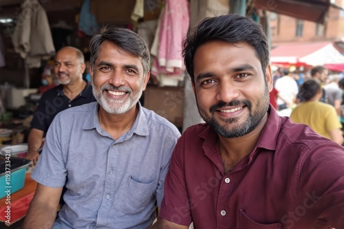 Smiling men at outdoor market photo