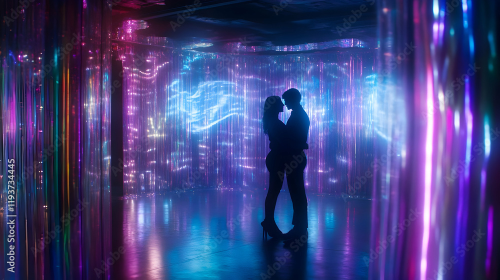 In a captivating display of colors, two lovers embrace amid shimmering lights and reflections In a captivating display of colors, two lovers embrace amid shimmering lights and reflections