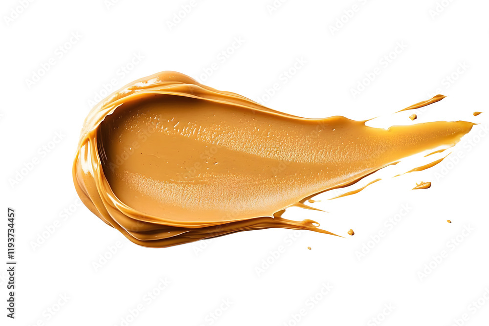 A smear of peanut butter is spread out on a white background A smear of peanut butter is spread out on a white background