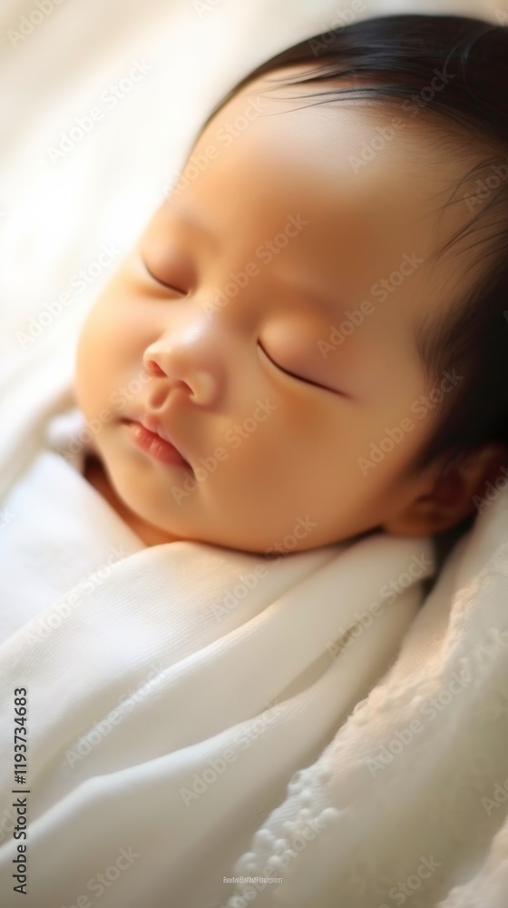 Close-up of a cute and beautiful Chinese baby with eyes closed. Chinese baby wrapped in white cloths under soft sunlight. Close-up of a cute and beautiful Chinese baby with eyes closed. Chinese baby wrapped in white cloths under soft sunlight.