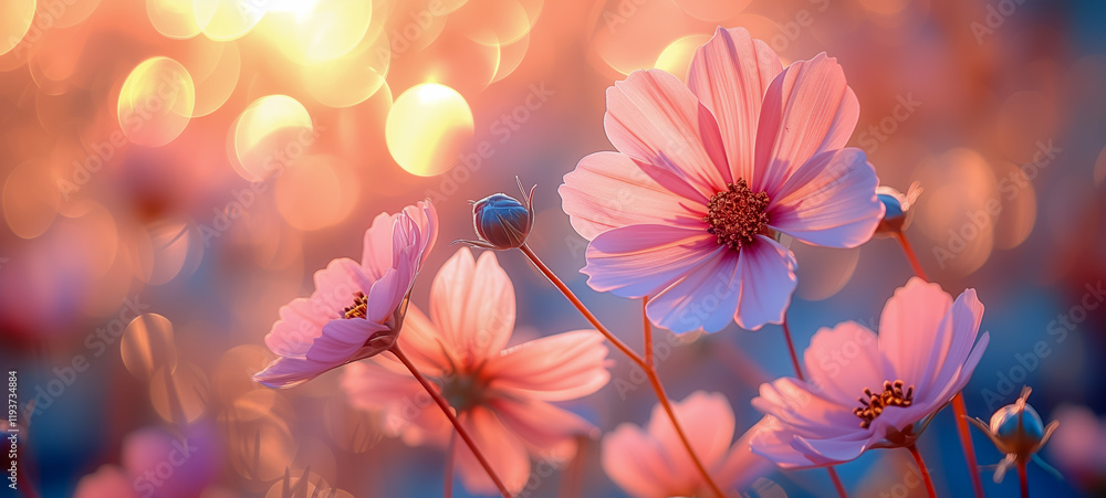 Delicate pink flowers with soft bokeh in sunset glow Delicate pink flowers with soft bokeh in sunset glow