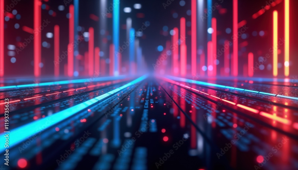 Fototapeta premium Futuristic tech background shows vibrant neon glowing lines. Colorful laser beams form patterns in cyberspace. Digital data flow creates perspective view, resembling matrix hologram. Abstract graphic