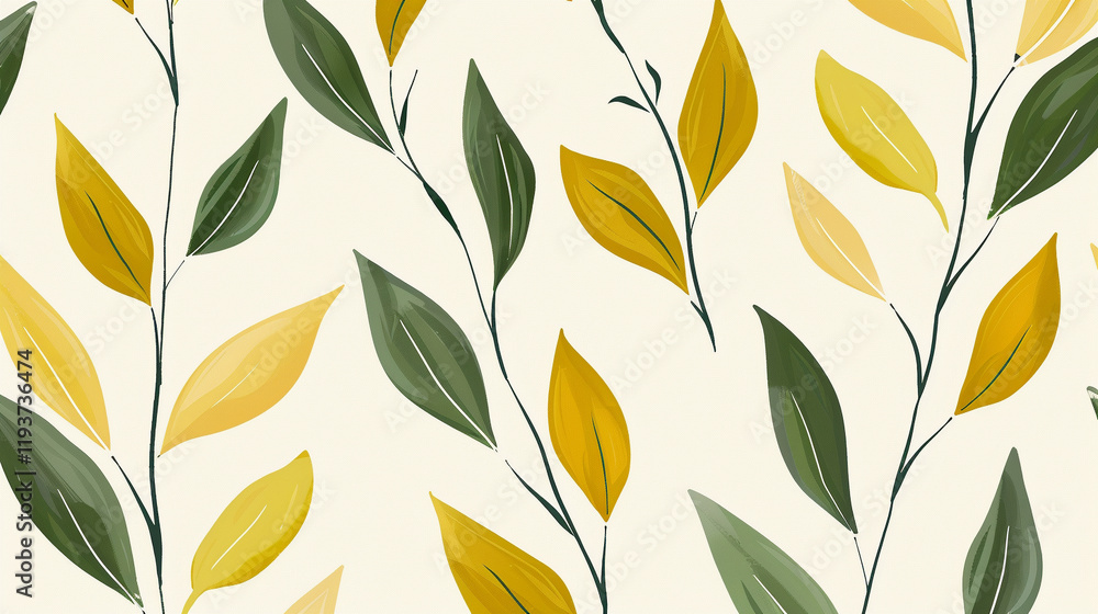 Obraz premium A nature-inspired hand-drawn pattern of tropical leaves in Moss green and Butter yellow, set against a soft white background for a fresh, organic vibe