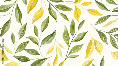 A nature-inspired hand-drawn pattern of tropical leaves in Moss green and Butter yellow, set against a soft white background for a fresh, organic vibe