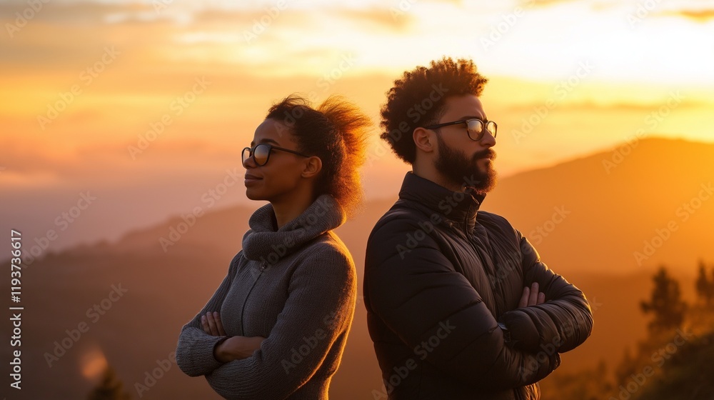 Two people of different ethnicities standing side by side, arms crossed confidently Two people of different ethnicities standing side by side, arms crossed confidently