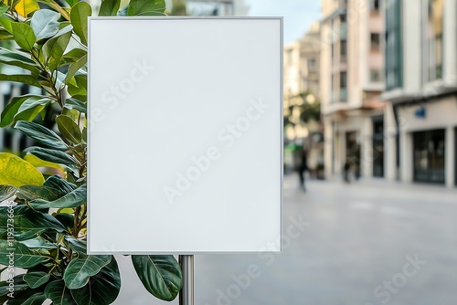 An empty signboard placed in a modern urban setting, ready for advertisements or messages. The scene features leafy greenery and a blurred background of city buildings. photo