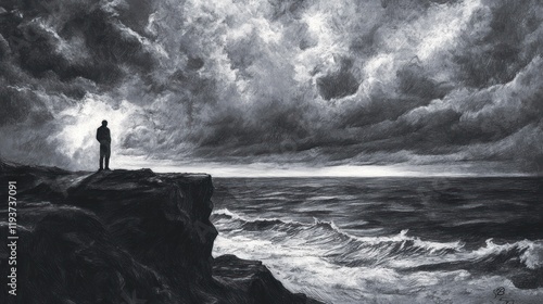 Fototapeta Naklejka Na Ścianę i Meble -  A lone figure stands on a cliff edge overlooking a dark sea under a cloudy dramatic sky