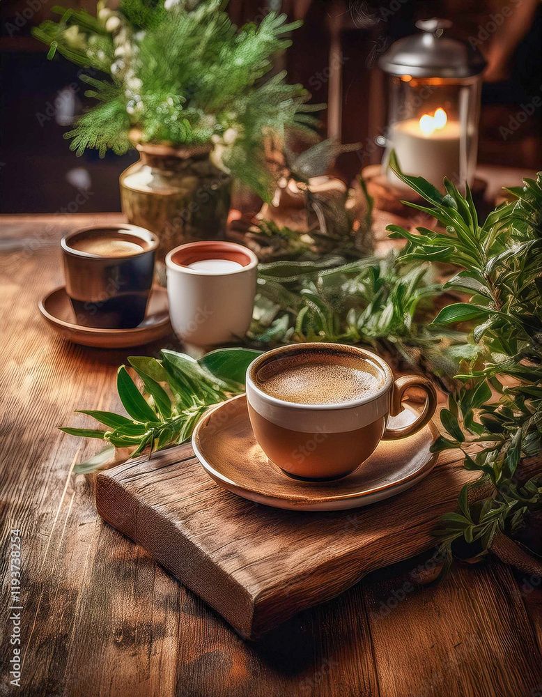Rustic wooden table with coffee cups and greenery for a cozy setting Rustic wooden table with coffee cups and greenery for a cozy setting
