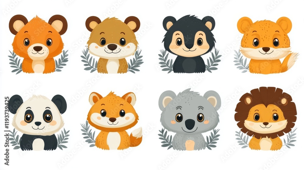 Naklejka premium Set of cute cartoon animals with wreaths. illustration
