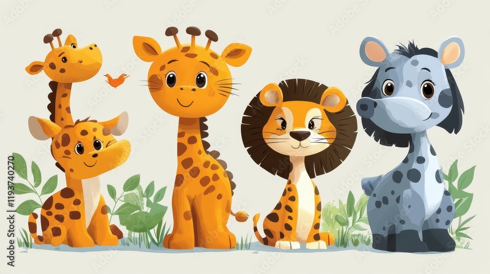 Naklejka premium Cute cartoon animals set. Vector illustration of wild african animals