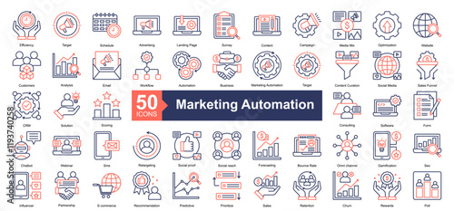 Marketing Automation Icon Collection Set.Containing Efficiency, Target, Schedule, Advertising, Landing Page, Survey, Content, Campaign icon. Simple dual tone style Vector Illustration.