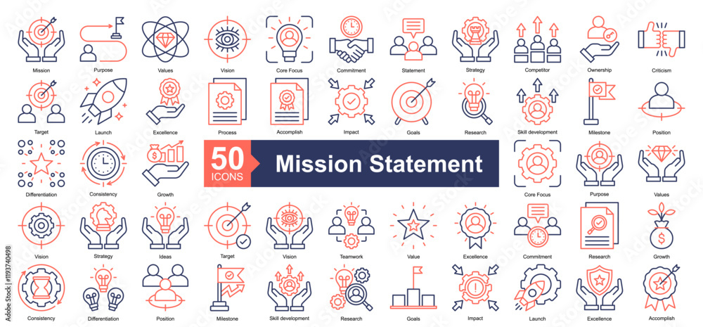 Fototapeta premium Mission Statement Icon Collection Set.Containing Mission, Purpose, Values, Vision, Core Focus, Commitment, Statement, Strategy icon. Simple dual tone style Vector Illustration. 