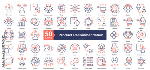 Product Recommendation Icon Collection Set.Containing Personalized, Product, Recommendation, Badge, Algorithm, Upselling, Cross selling, Real time icon. Simple dual tone style Vector Illustration.