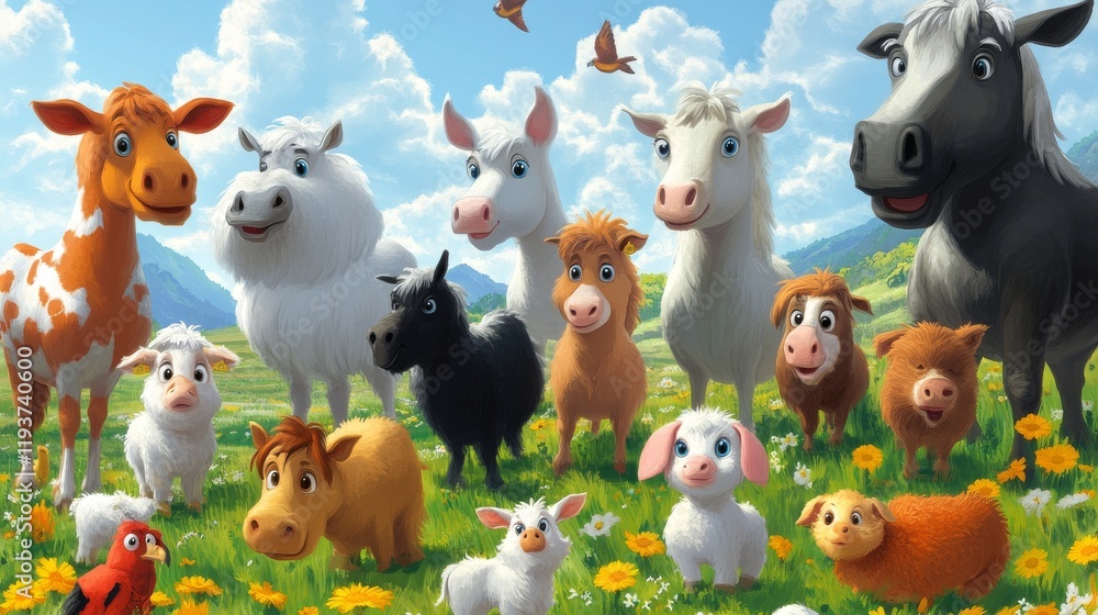 Naklejka premium Funny farm animals on the green meadow. illustration
