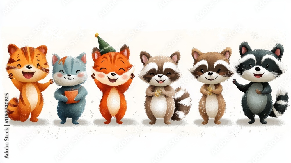 Obraz premium Group of cute cartoon raccoons isolated on a white background