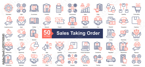 Sales Taking Order Icon Collection Set.Containing Automation, CRM, E-commerce, Inventory, Pos Terminal, Omnichannel, Sales icon. Simple dual tone style Vector Illustration.	
