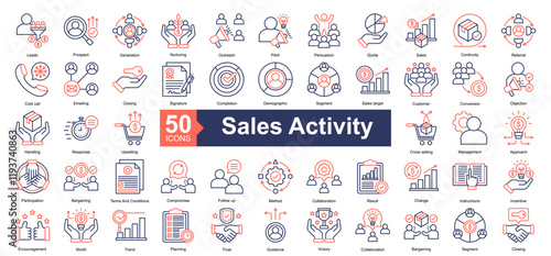 Sales Activity Icon Collection Set.Containing Leads, Prospect, Generation, Nurturing, Outreach, Pitch, Persuasion, Quota icon. Simple dual tone style Vector Illustration.