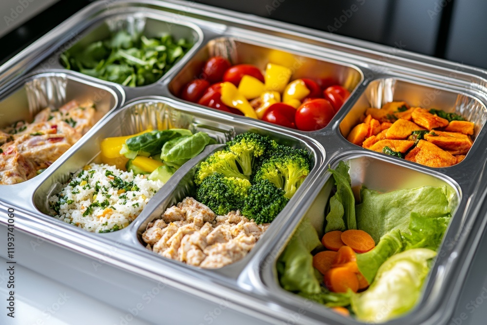 Obraz premium A balanced set of meals arranged neatly in a lunch box showcases a variety of fresh vegetables, proteins, and grains perfect for a nutritious diet. This meal is ideal for lunch on the go