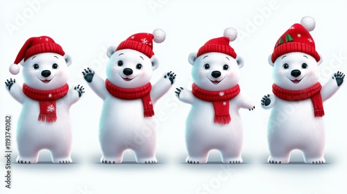 3d render of cute polar bears wearing red hats and scarves