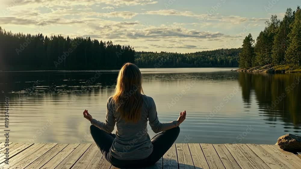 Meditation by the serene lake at sunset in a tranquil forest setting Meditation by the serene lake at sunset in a tranquil forest setting