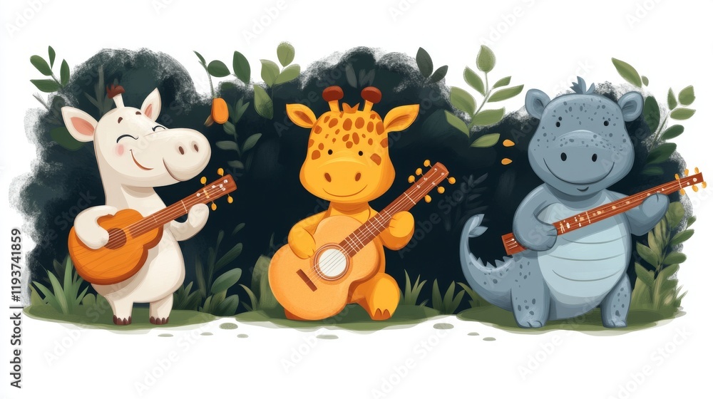 Obraz premium Cute hippo, giraffe, hippopotamus and hippo playing guitar