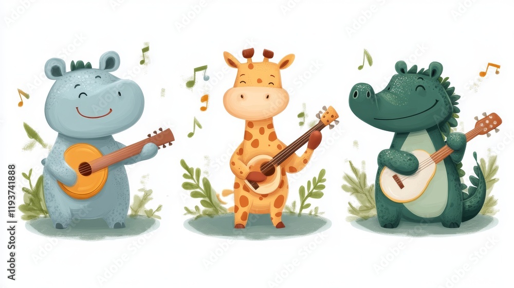 Cute hippo, giraffe, hippopotamus and hippo playing guitar Cute hippo, giraffe, hippopotamus and hippo playing guitar