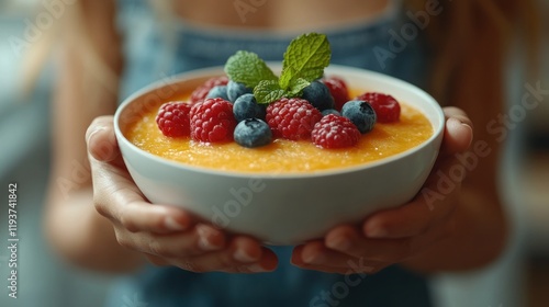 Girl holding mango smoothie bowl with berries indoors. photo