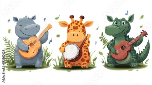 Wallpaper Mural Cute hippo, giraffe, hippopotamus and hippo playing guitar Torontodigital.ca