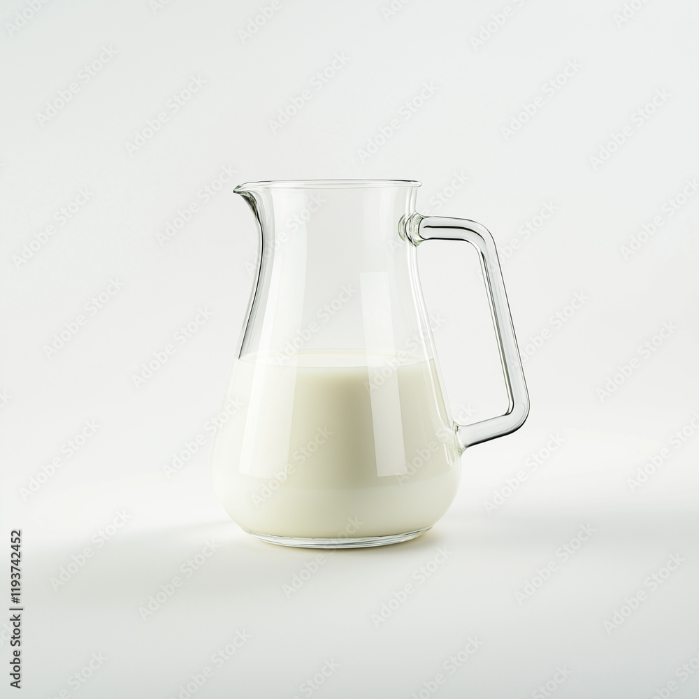 A clear glass milk pitcher with a minimalist handle design placed on a clean white background, showcasing its simplicity and elegance A clear glass milk pitcher with a minimalist handle design placed on a clean white background, showcasing its simplicity and elegance