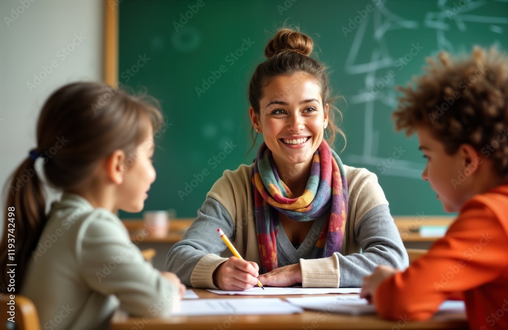 Teacher, happy kids sit in classroom. Students talk, teacher writes. Positive education atmosphere. Smiling faces indicate joy in learning. Indoor setting shows school life. Kids engaged in Teacher, happy kids sit in classroom. Students talk, teacher writes. Positive education atmosphere. Smiling faces indicate joy in learning. Indoor setting shows school life. Kids engaged in